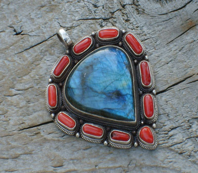 Pendant Labradorite w/ Red Coral - Large